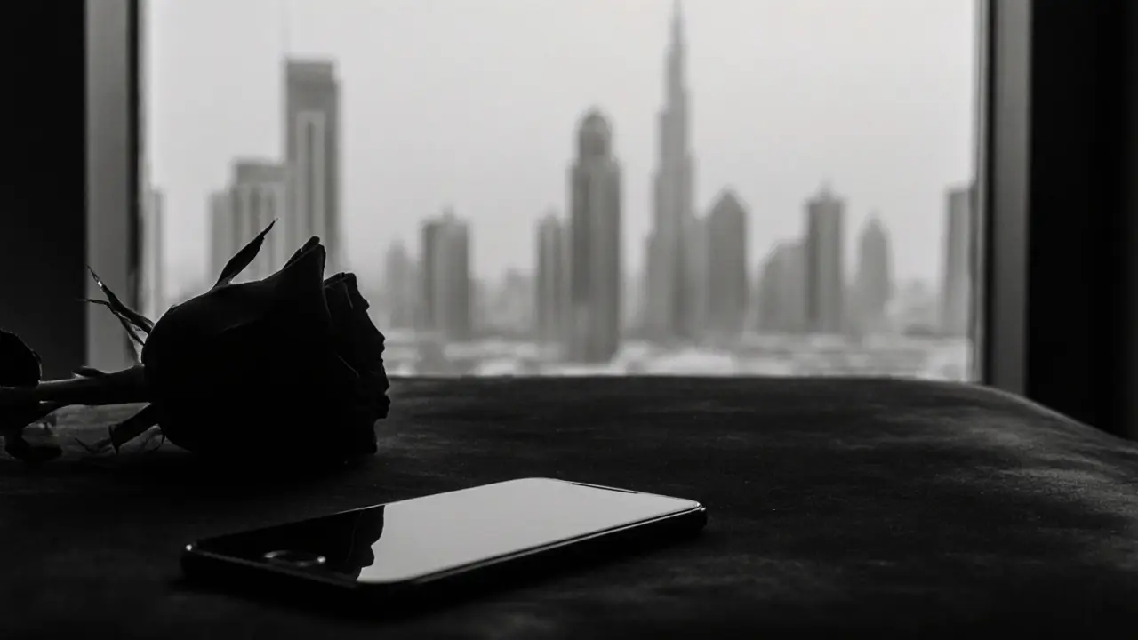 A dark smartphone rests beside a rose on velvet, symbolizing secrecy and discretion.