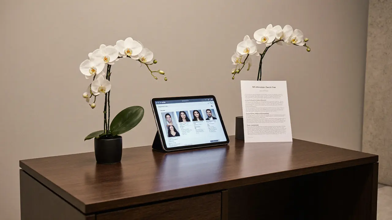 A discreet companionship agency office with professional bios and policies displayed in a minimalist setting.