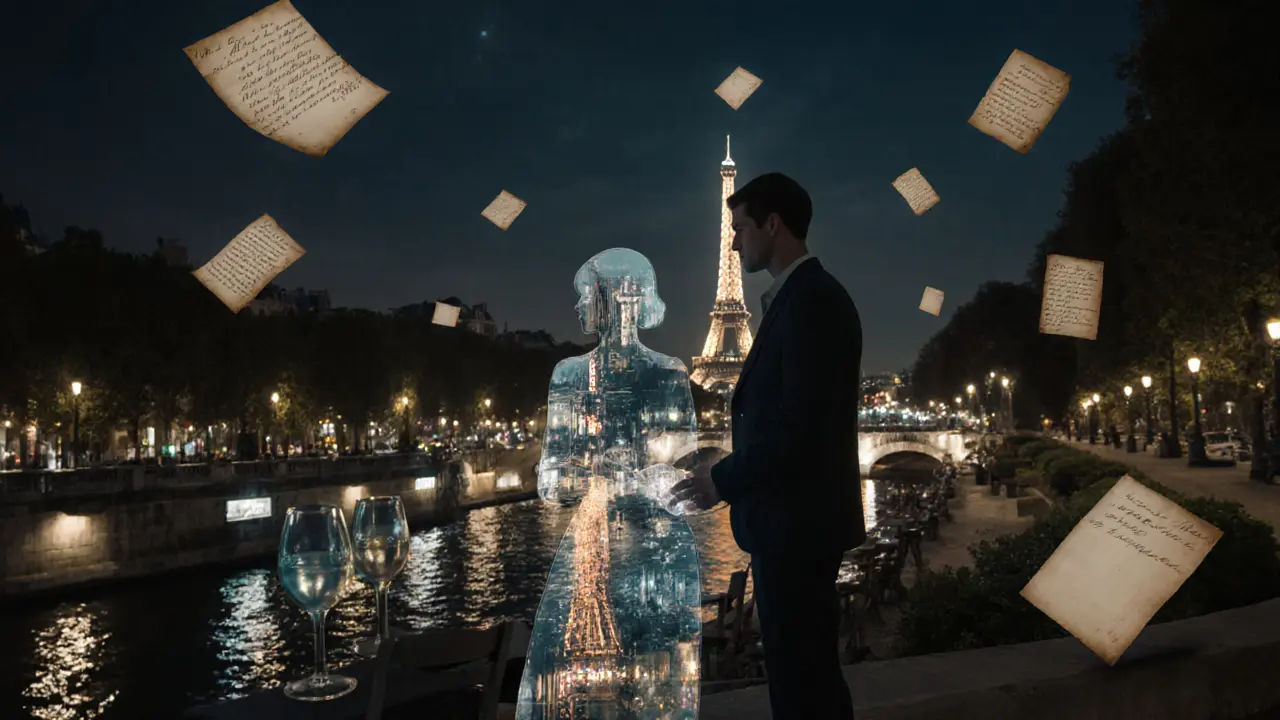 A figure made of city lights stands silently beside a man in a Parisian garden at night, symbolizing connection.
