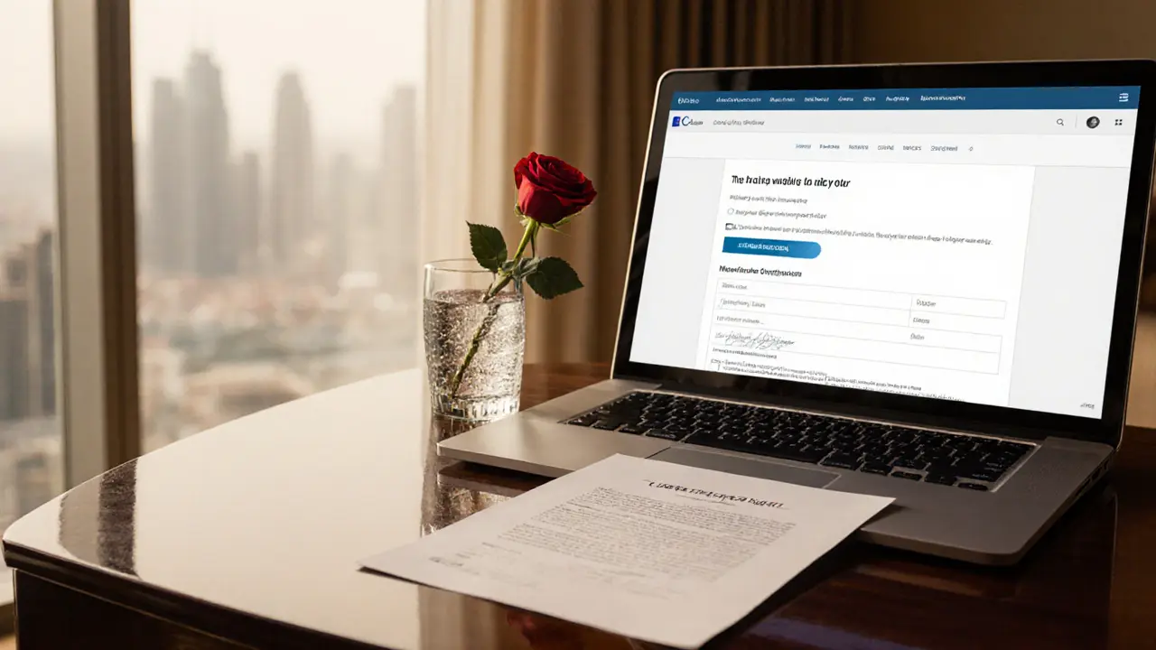 A handwritten contract and booking confirmation on a luxury hotel table with a rose and skyline view.