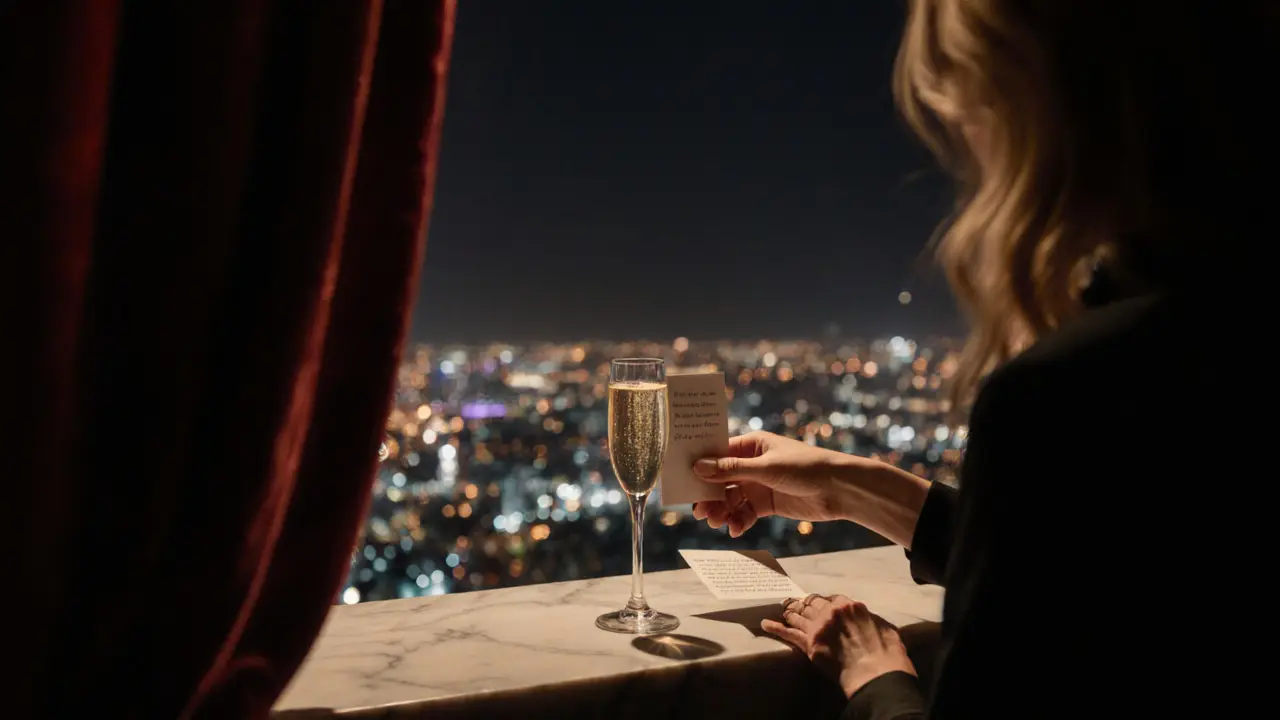 A hidden rooftop bar with champagne and a poem on the table, city lights glowing below.