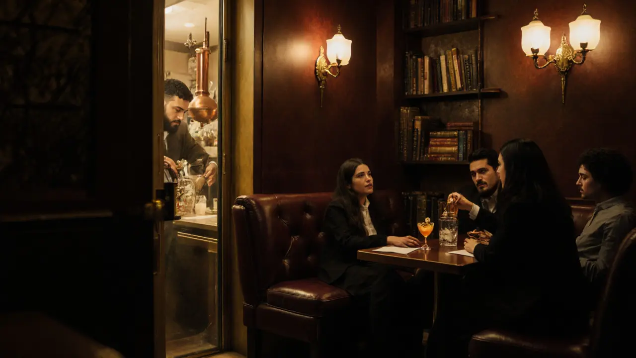 A hidden speakeasy behind a fridge, lit by brass lamps, with poetry books and a bartender using a copper still.
