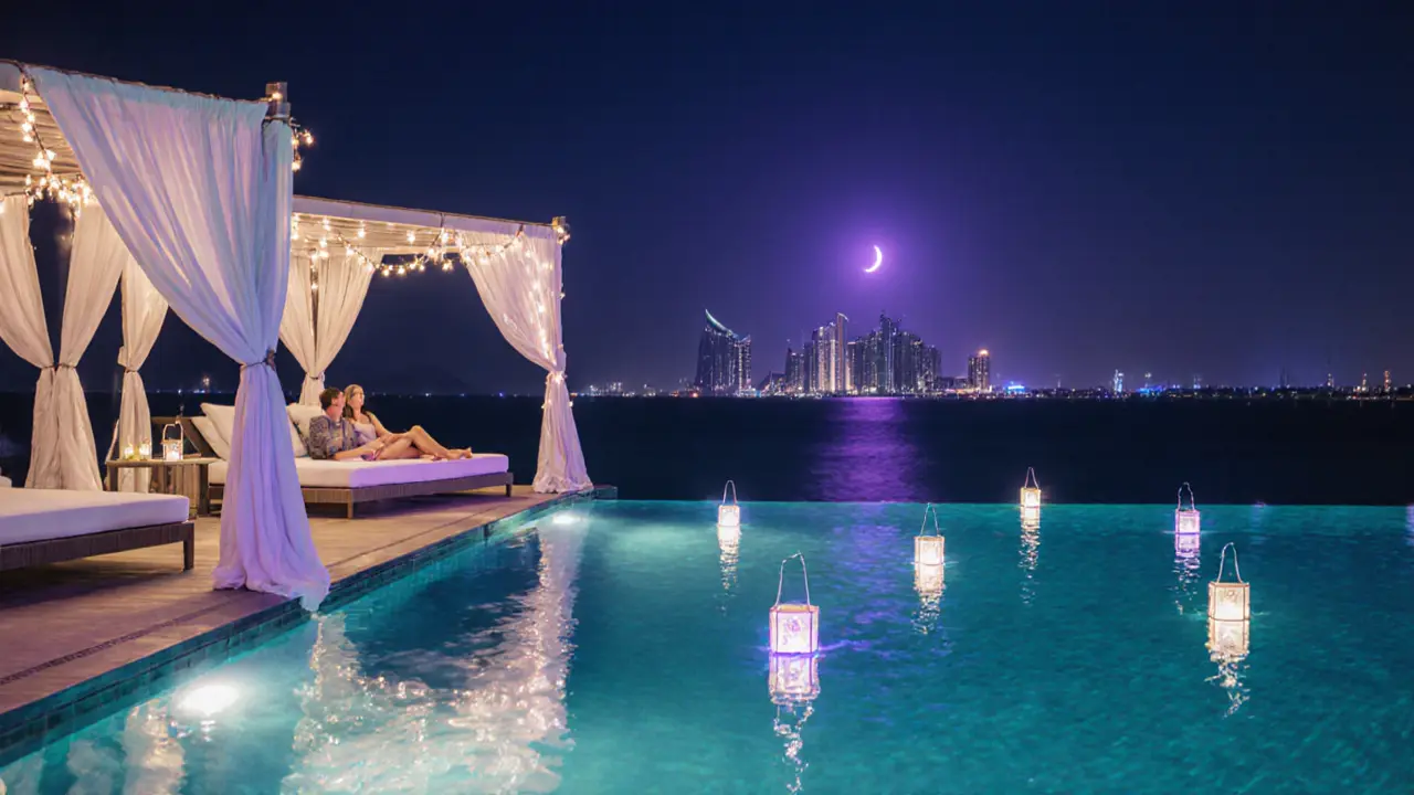 A lit infinity pool reflects floating lanterns with the Emirates Palace silhouetted in the distance.