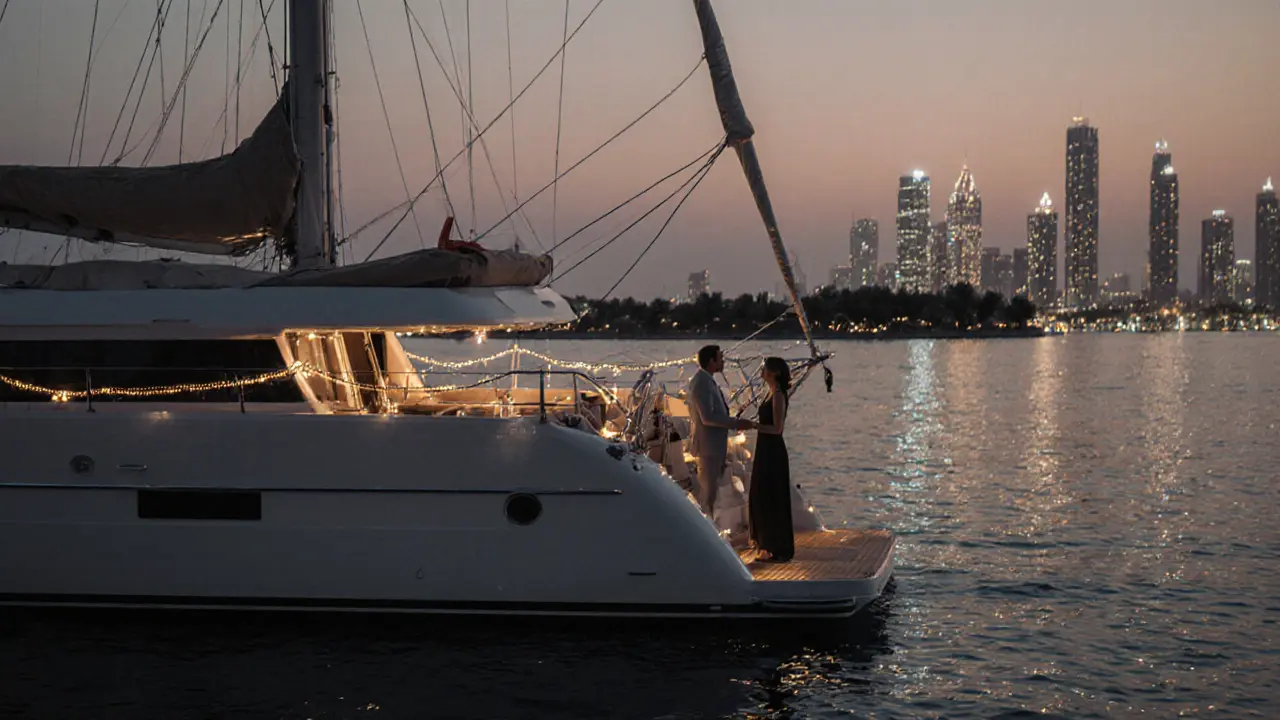 A luxury yacht at dusk on Palm Jumeirah with a couple conversing under stars and Dubai&#039;s skyline.