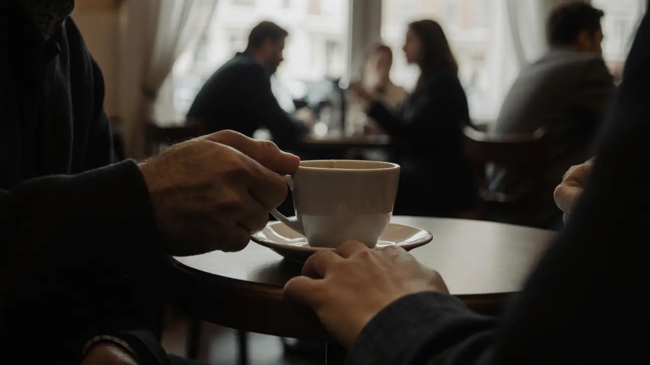 A man&#039;s trembling hand rests near a woman&#039;s calm one in a London café, conveying emotional support through stillness.