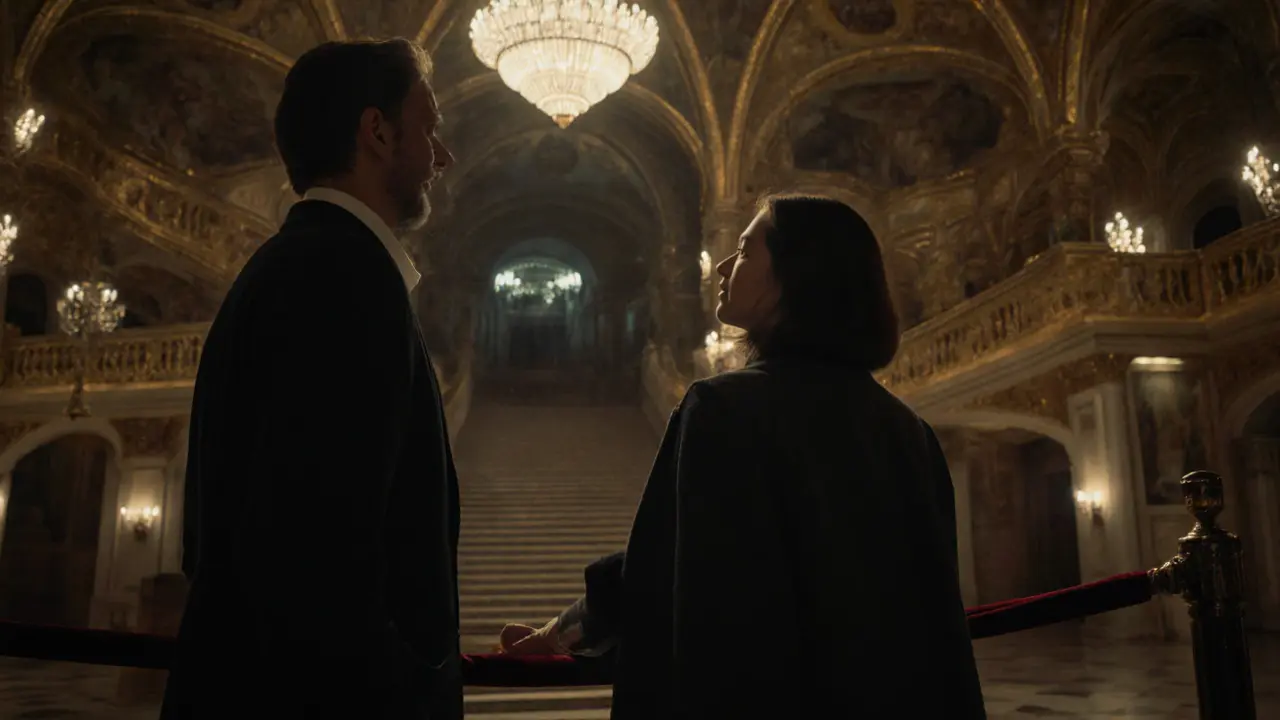 A man and woman stand in awe inside the Opéra Garnier after hours, surrounded by gilded architecture.