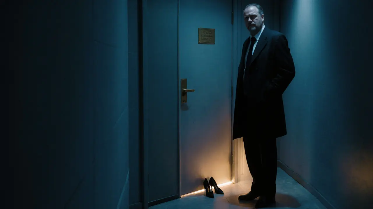 A man pauses outside a discreetly lit door in London, symbolizing the threshold to emotional safety and understanding.