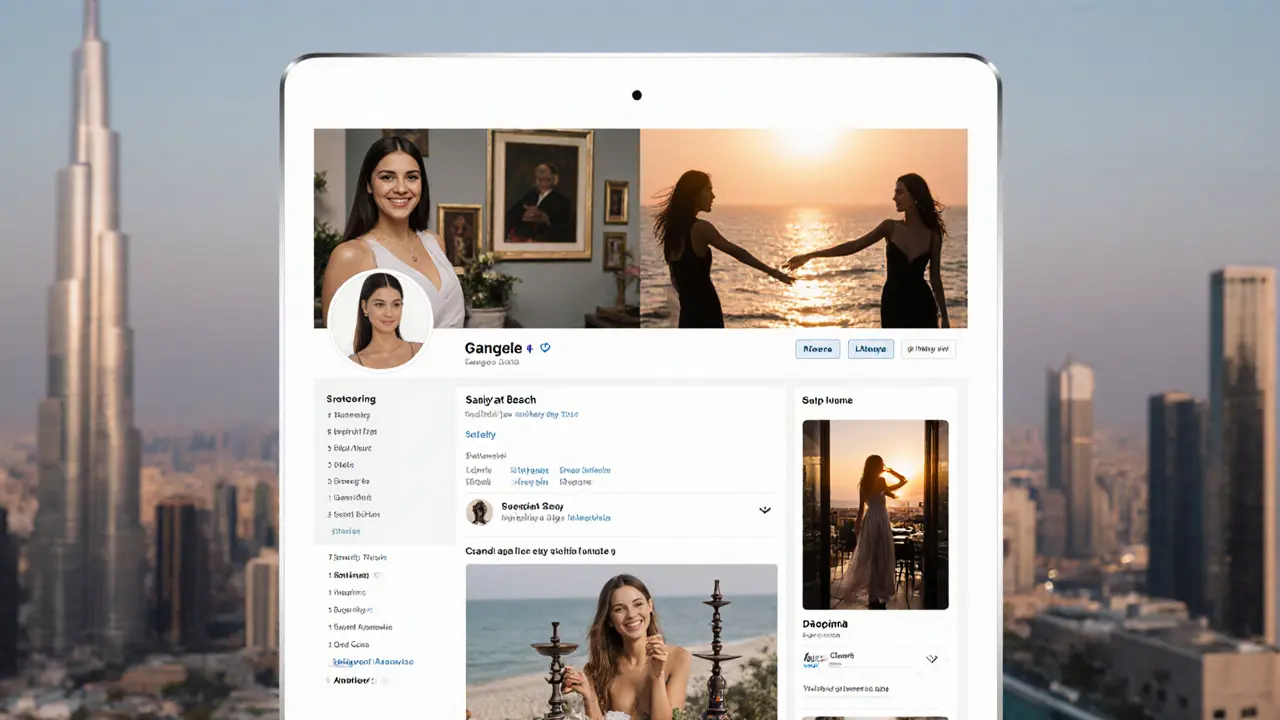 A minimalist tablet showing tasteful lifestyle photos of a woman at an art gallery, beach, and rooftop lounge.