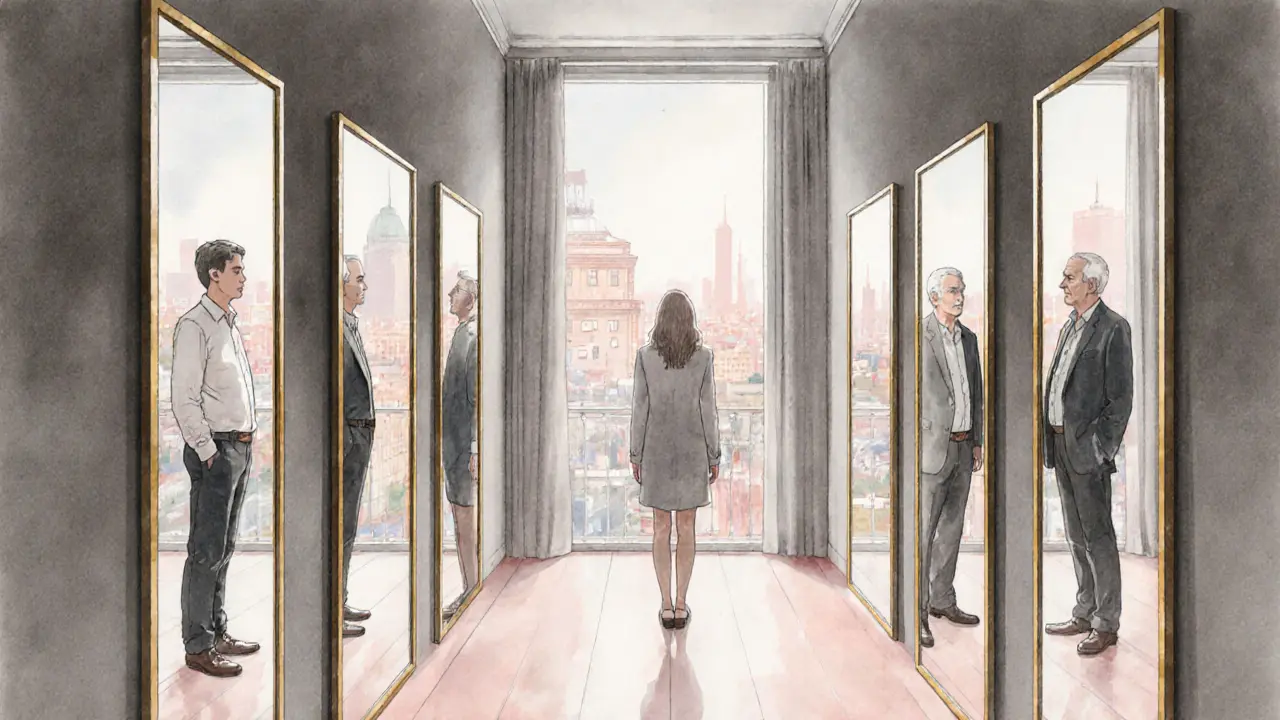 A mirrored hallway reflects different men facing a translucent figure, symbolizing emotional validation and connection.