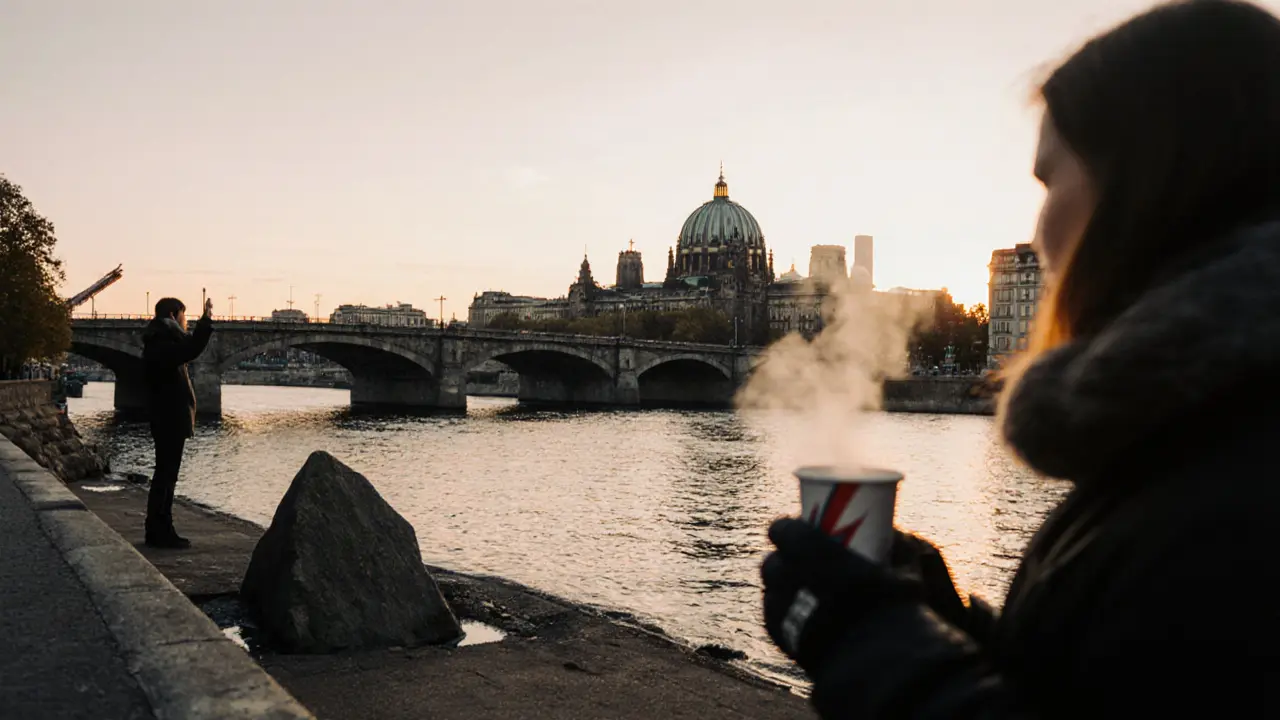 A person beside a stone fragment from the Berlin Wall, gazing at the Spree River at sunset.