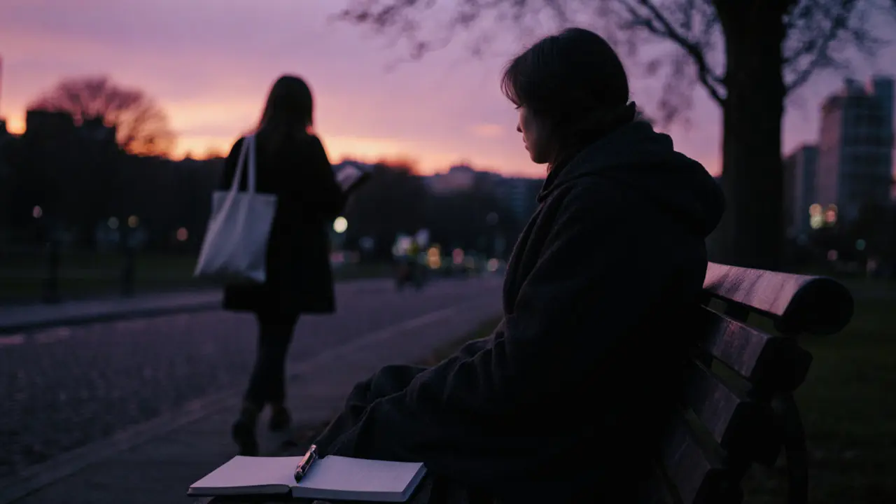 A person on a park bench at dusk, waiting as another approaches — a moment of quiet human connection.