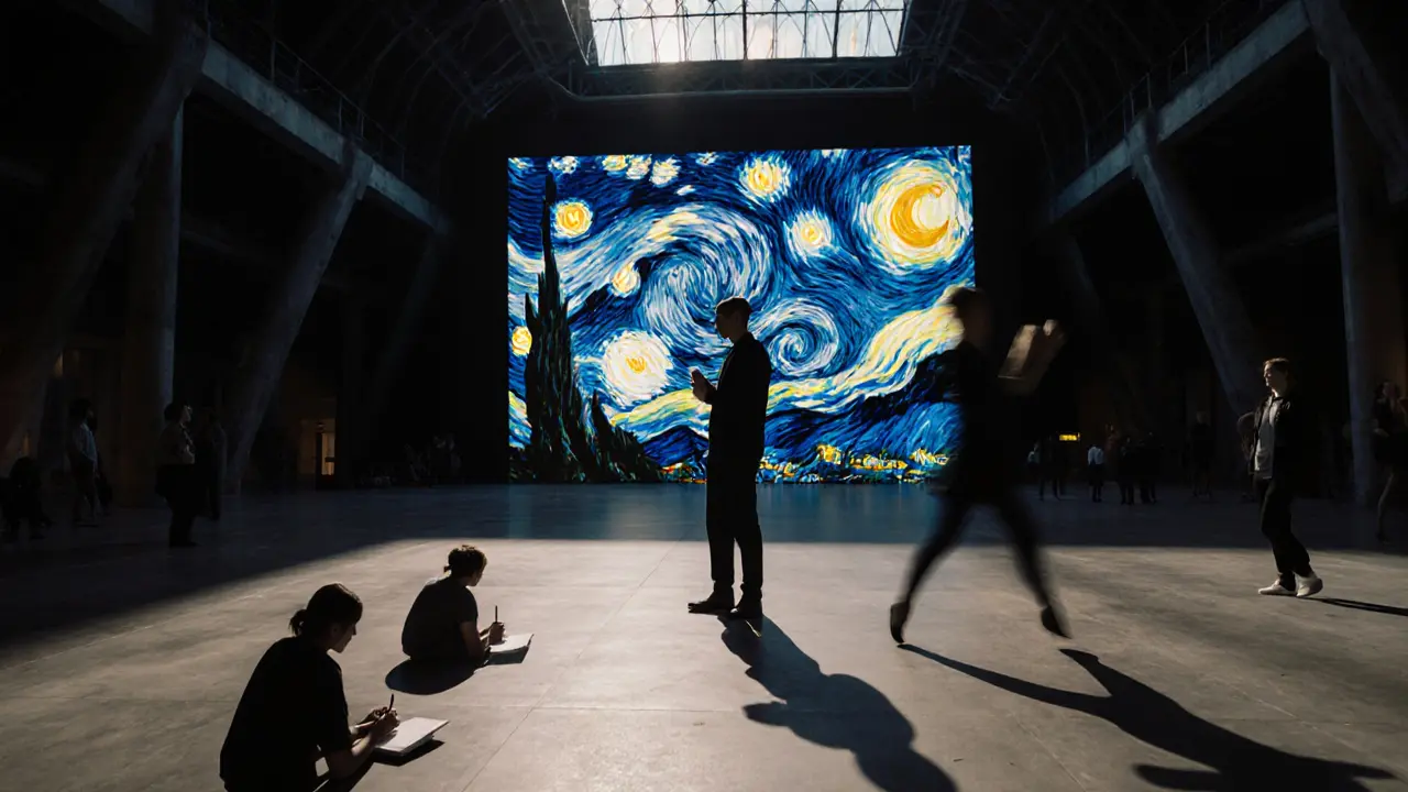 A poet and dancer move silently beneath a projection of Starry Night in Tate Modern&#039;s Turbine Hall at night.