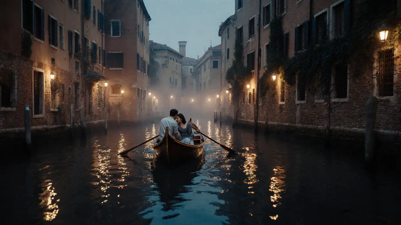 A private boat drifting silently along Milan&#039;s Navigli canals at night, lights shimmering on dark water.
