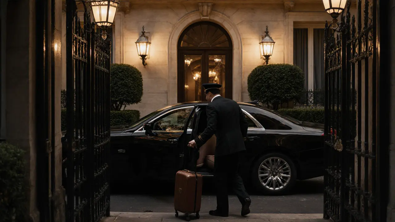 A private hotel entrance at night with an attendant taking a suitcase from a black car, surrounded by lanterns and hedges.