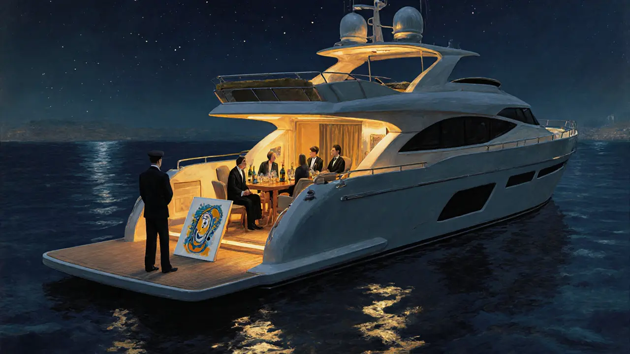 A private yacht at night with dim interior lights, where people discuss art over champagne, the sea reflecting the stars.