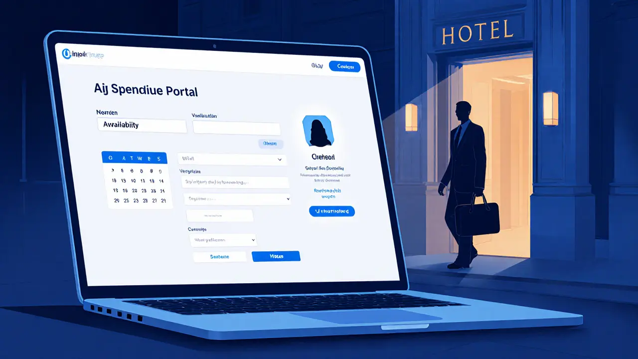 A professional booking portal on a laptop with verified ID, next to a figure near a high-end hotel entrance.