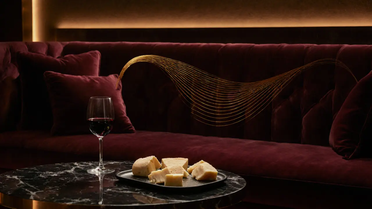A quiet lounge with velvet couches, a glass of wine, and a cheese platter in soft golden light.