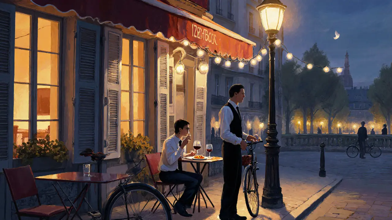 A quiet Parisian café in Saint-Germain-des-Prés at night, with a diner enjoying wine under string lights.
