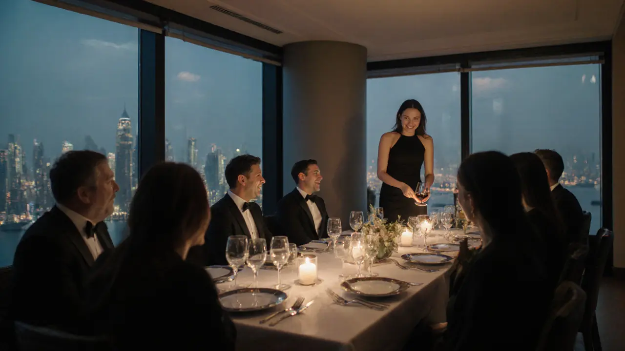 A refined dinner gathering in a penthouse dining room with candlelight and city views.
