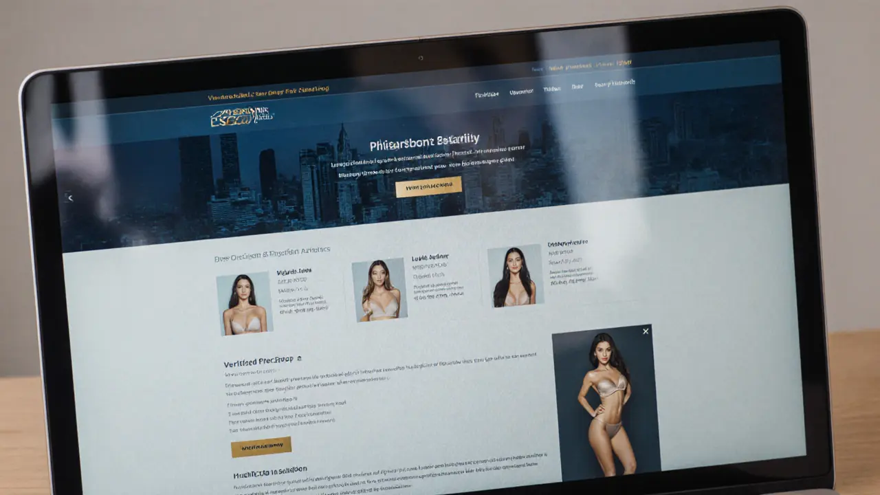 A secure escort service website interface with verified profiles, clean design, and luxury aesthetic, no text visible.