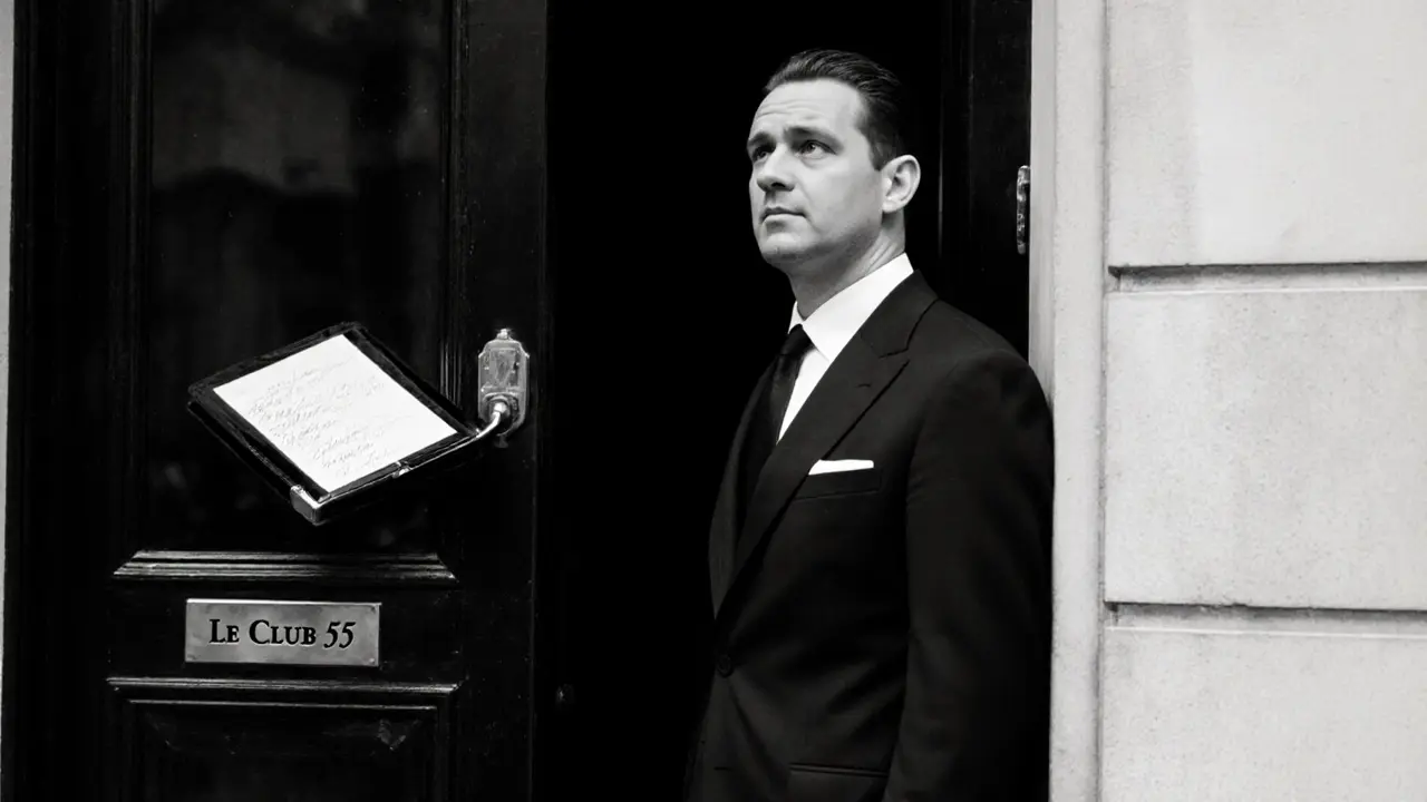 A silent doorman beside an unmarked door, his reflection revealing a velvet-bound book in the polished brass handle.