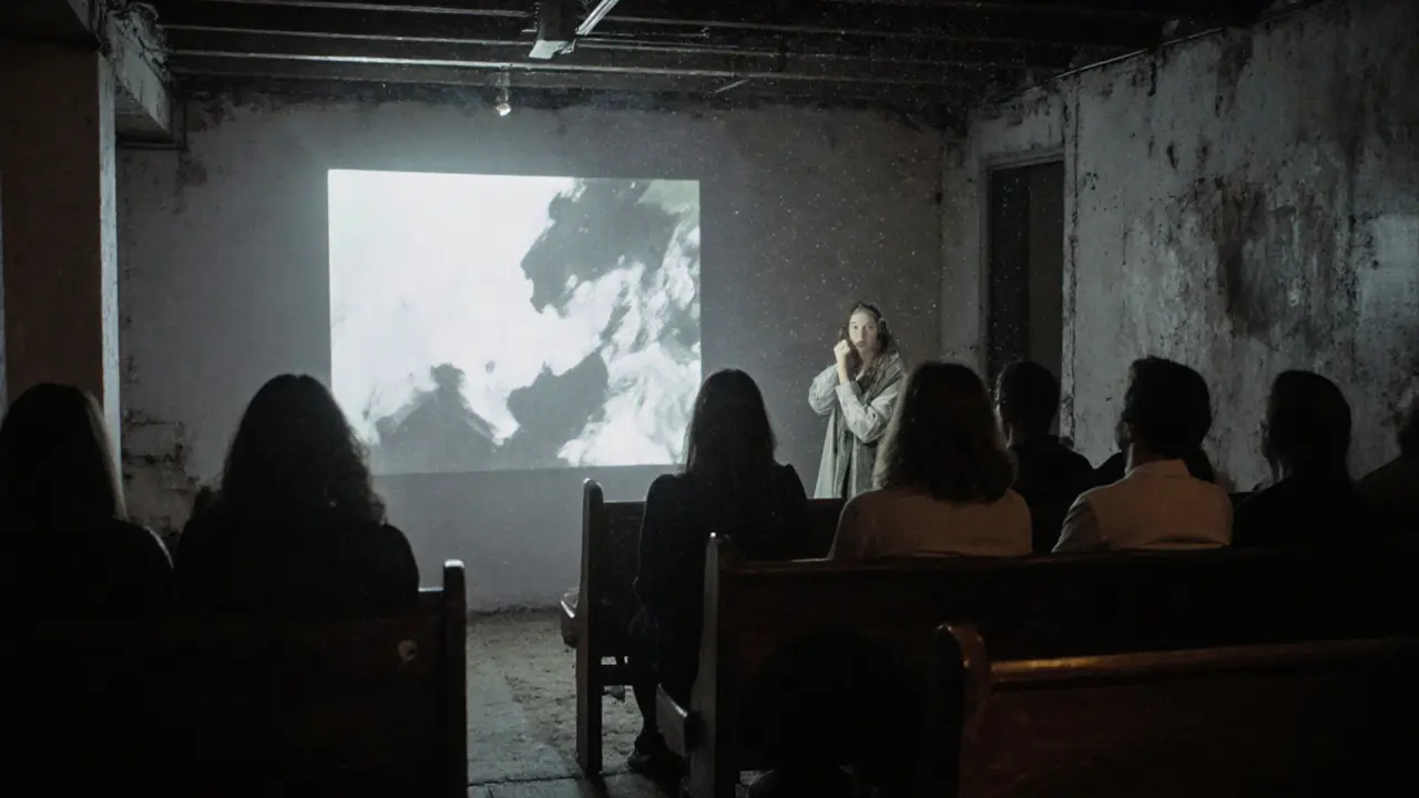 A small group watching a 16mm film projection in a dim church basement, no one using phones.