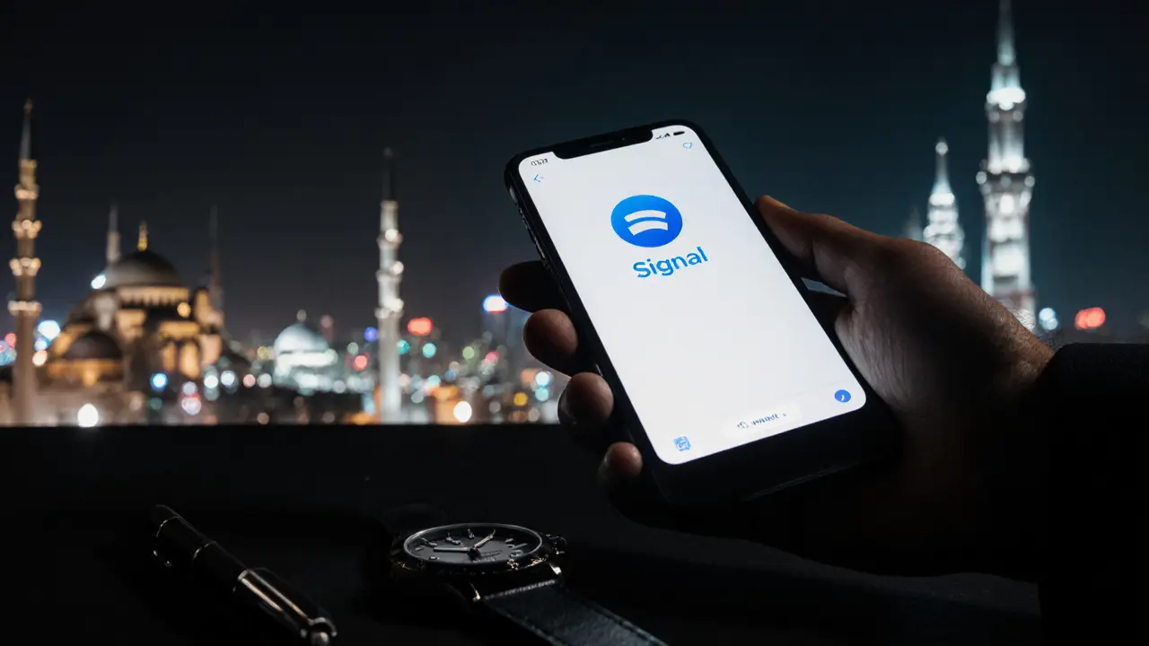 A smartphone showing an encrypted message app beside a luxury watch, with Abu Dhabi’s skyline in the blurred background.