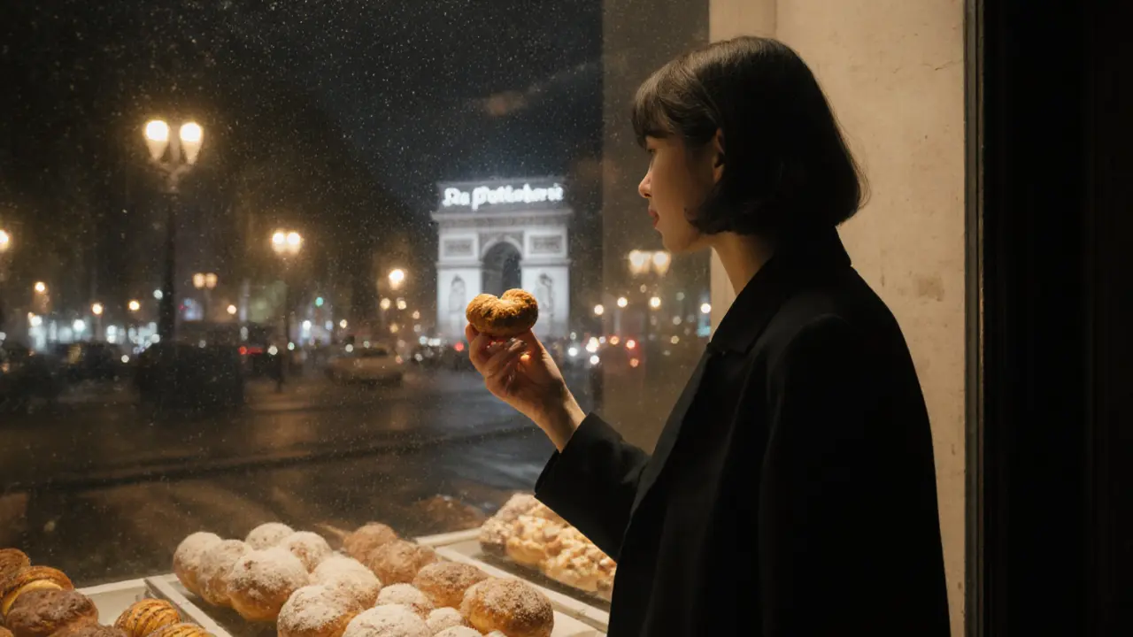 A solitary person holding a pastry outside a bakery at midnight, with city lights glowing in the background.