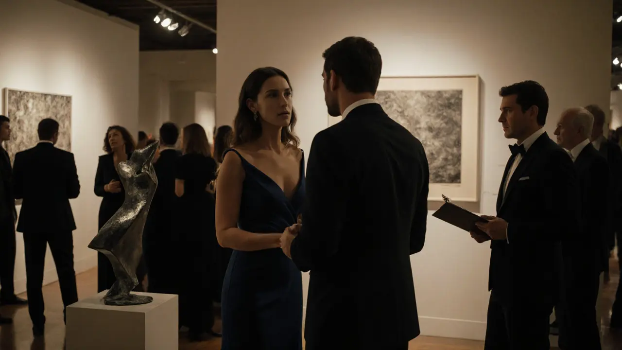 A sophisticated woman converses with a man at a private art gallery opening, surrounded by elegant guests.