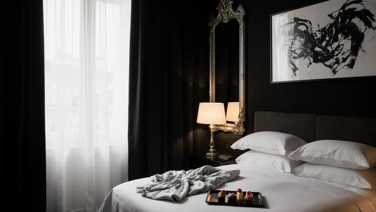 A soundproofed luxury suite with modern art and blackout curtains, lit by a single lamp, exuding silent privacy.