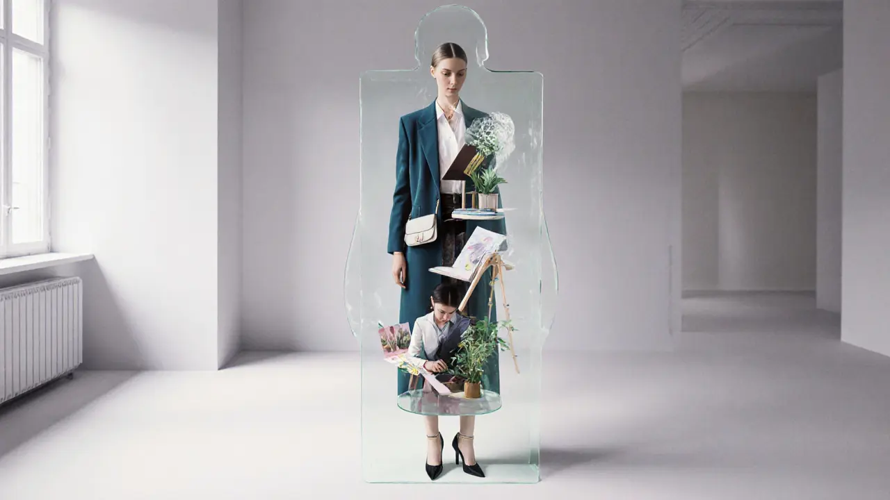 A transparent figure reveals a professional exterior and an inner life of reading, painting, and tending plants, symbolizing hidden depth beyond the escort role.