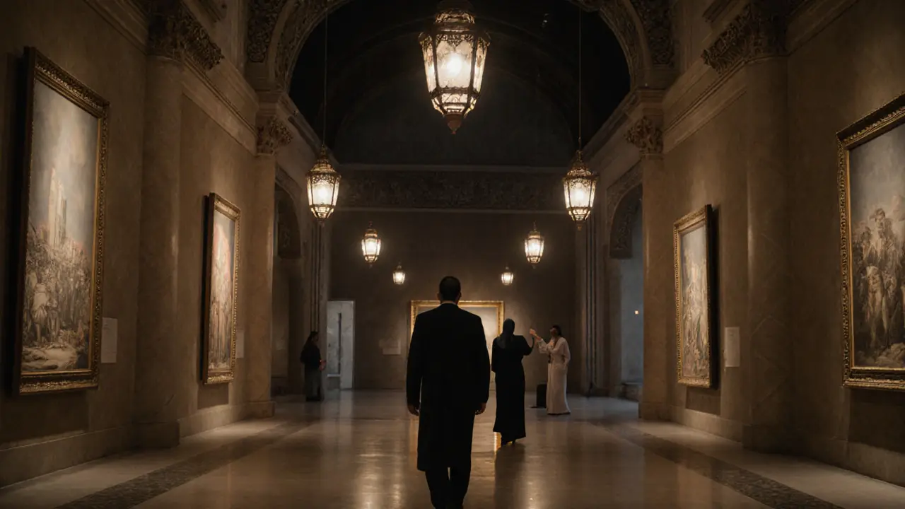 A traveler exploring Louvre Abu Dhabi after hours, guided by a cultural expert in a respectful, non-romantic setting.