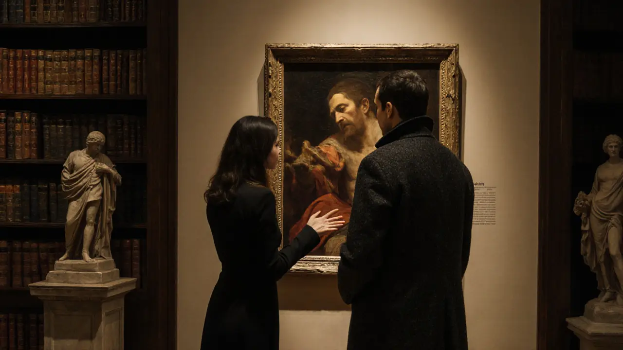 A woman and man engaging in thoughtful discussion before a Caravaggio painting in a private Brera gallery.