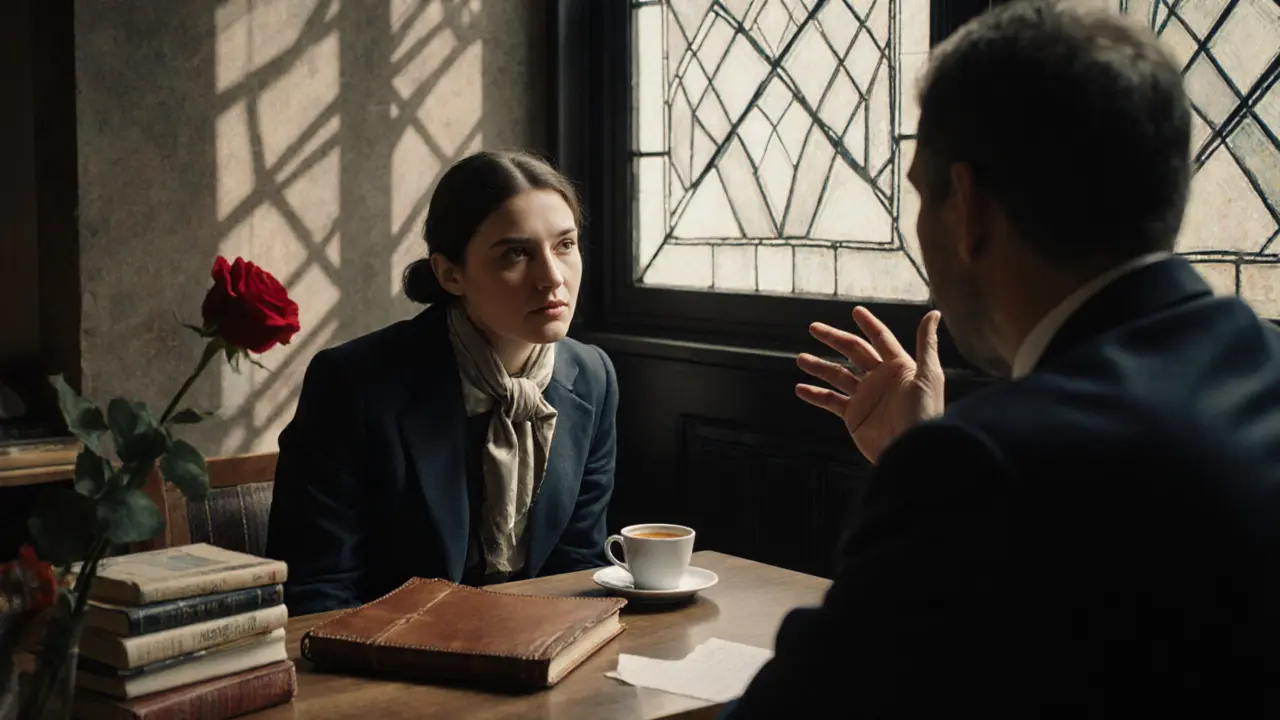 A woman listening intently to a man in a quiet museum café, books and rose on the table.