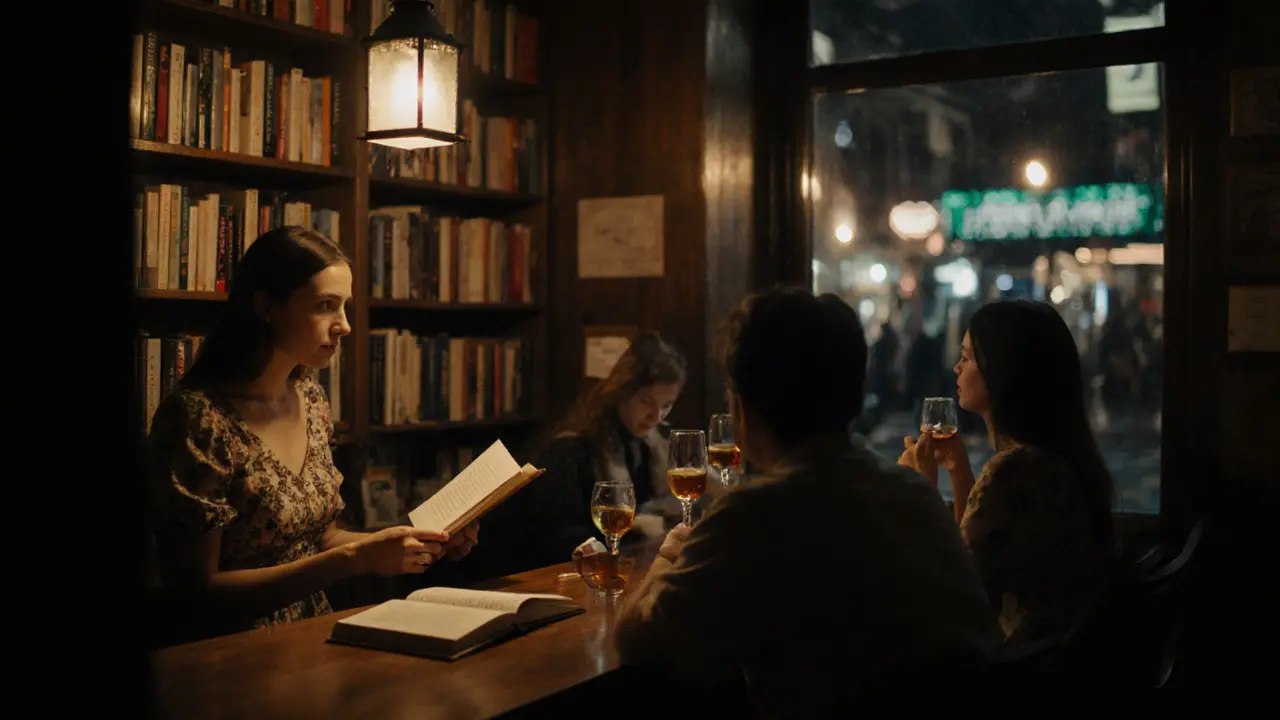 A woman reads poetry at a small bar in a bookstore, patrons sipping sherry in quiet contemplation.