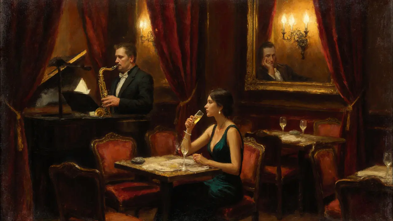 A woman sits alone in a dim jazz club, sipping champagne under warm amber lights and velvet curtains.