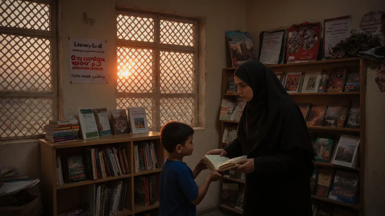 A woman volunteers at a community literacy center, handing books to a child in warm sunset light.