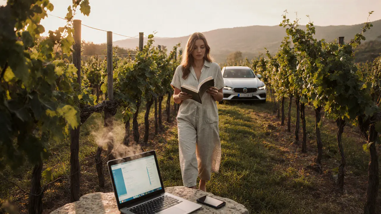 A woman walks barefoot through a Tuscan vineyard, holding coffee, her phone face-down on a stone table.