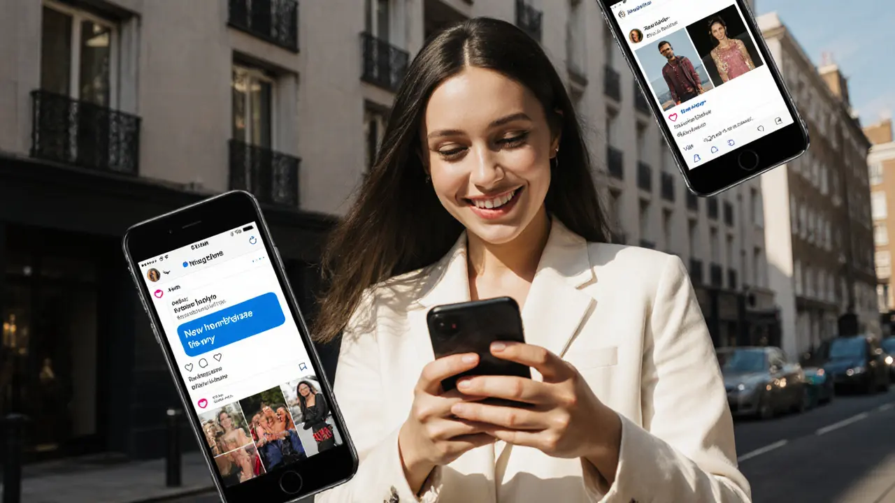 A young woman in Camden smiling at her phone with sugar dating app notifications and designer gifts around her.