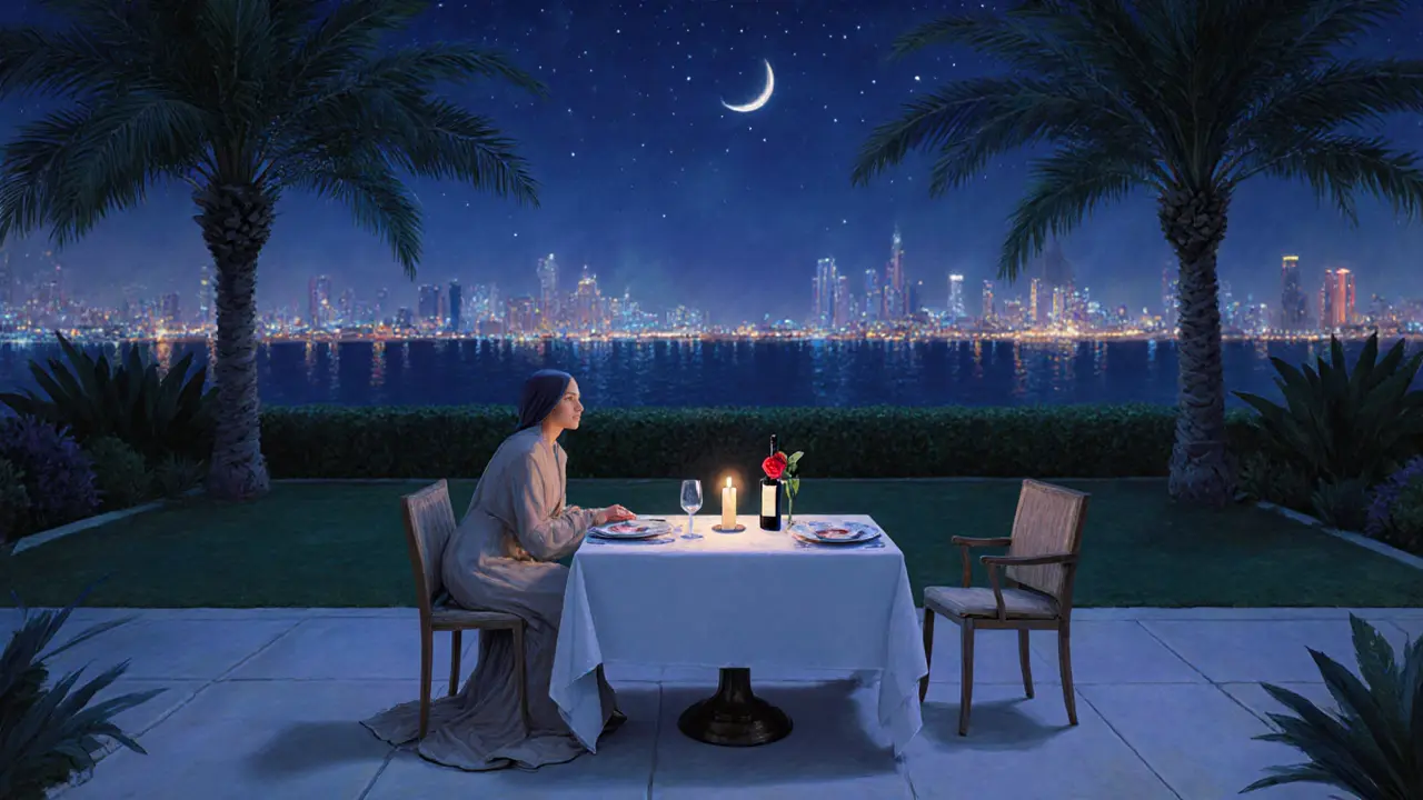 An elegant private dinner in an Abu Dhabi garden with a candlelit table and starry night sky, conveying quiet companionship.