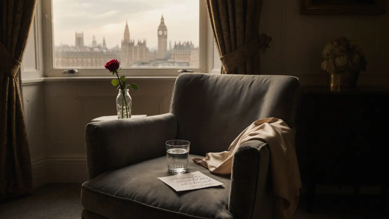 An empty, elegantly furnished room at dawn, with a scarf, note, and rose hinting at a recent human presence.