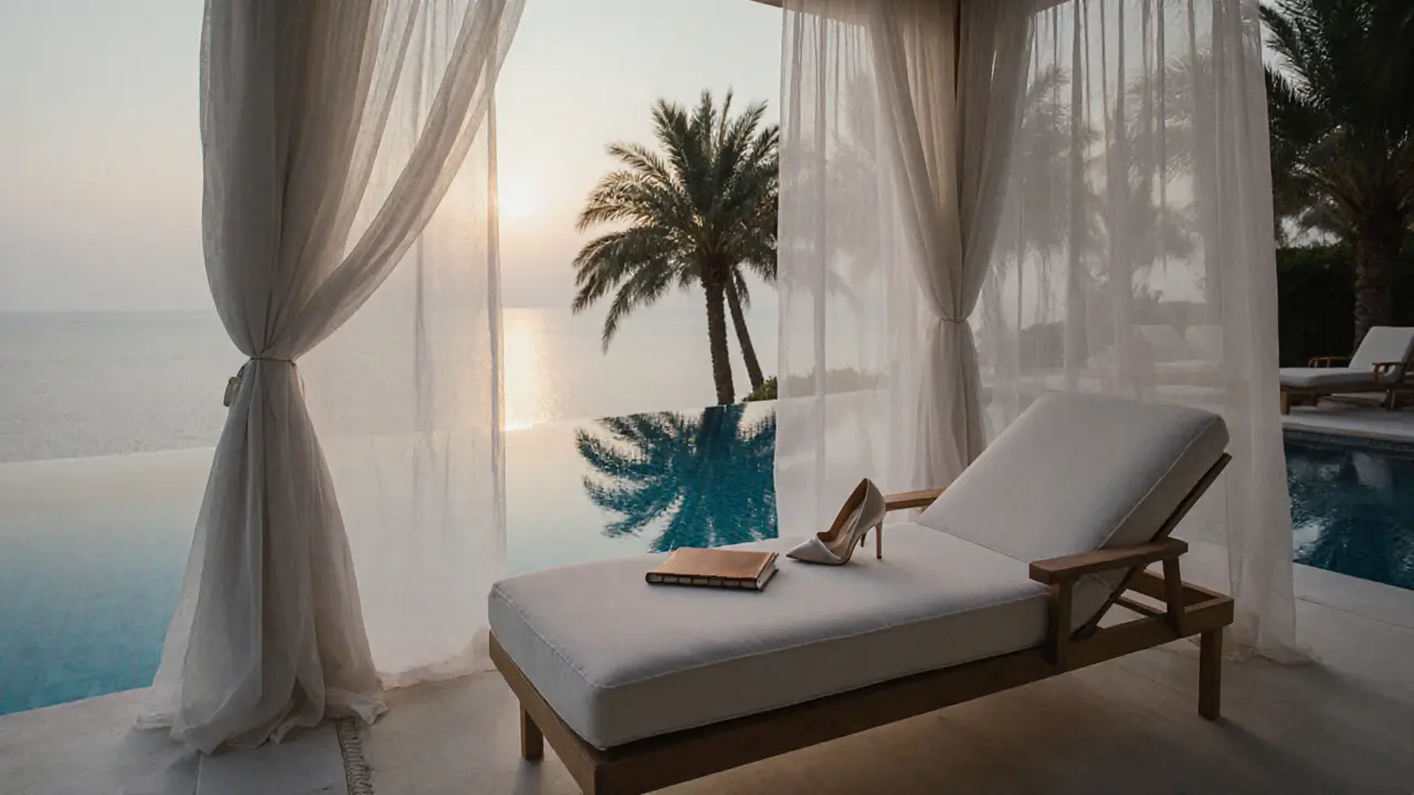 An empty luxury villa poolside at dawn, with a journal and heels left neatly on a chaise, suggesting a refined, private moment.