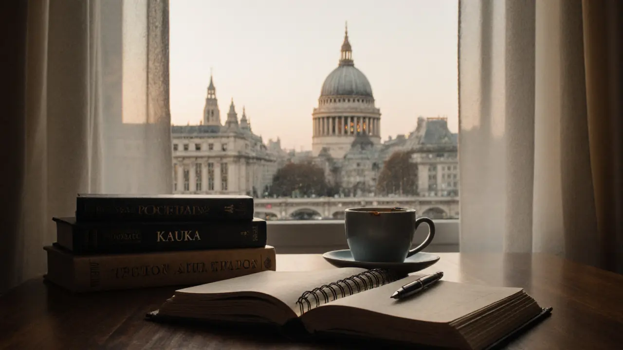 An open journal and classic books rest beside tea on a wooden table, with St. Pancras Station visible in the distance.