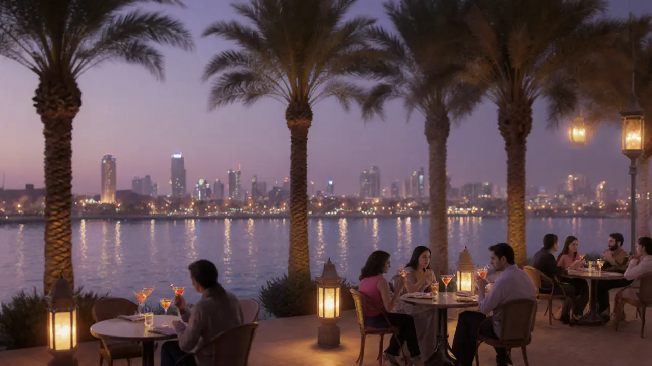 Couples enjoying cocktails at a waterfront bar on Al Maryah Island as city lights shimmer on calm water.