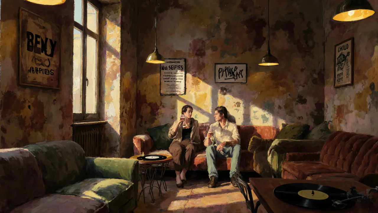 Cozy dim lounge with vinyl records, mismatched sofas, and a &#039;No selfies&#039; sign.