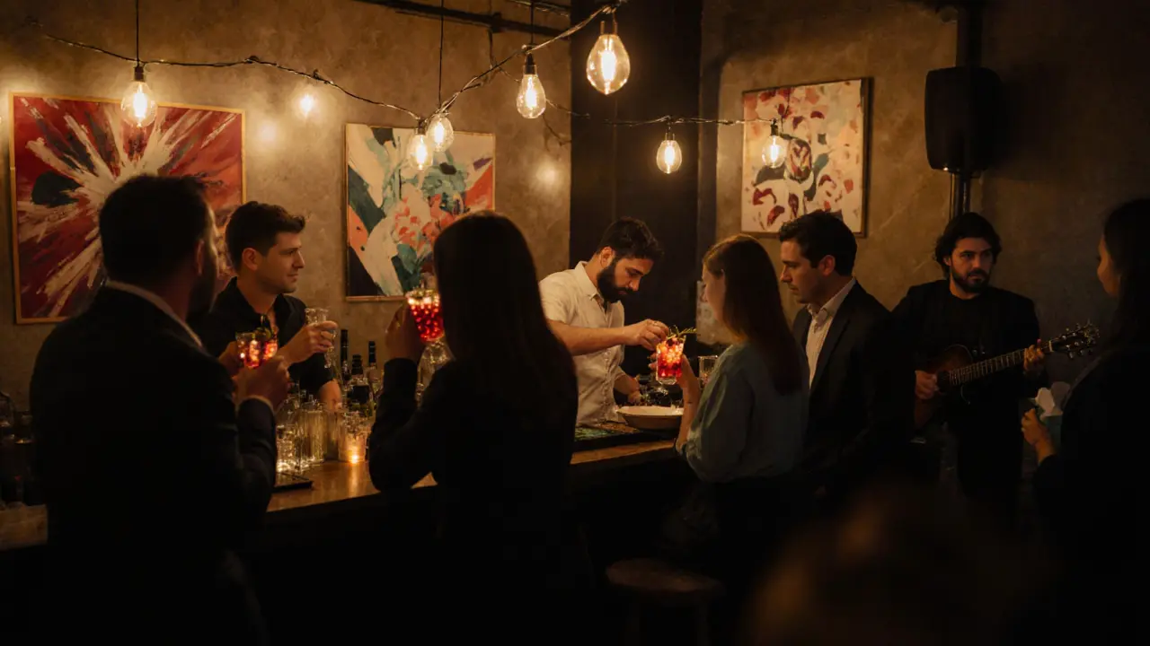 Cozy hidden speakeasy in Alserkal Avenue with patrons sipping colorful mocktails under string lights and live Arabic music.