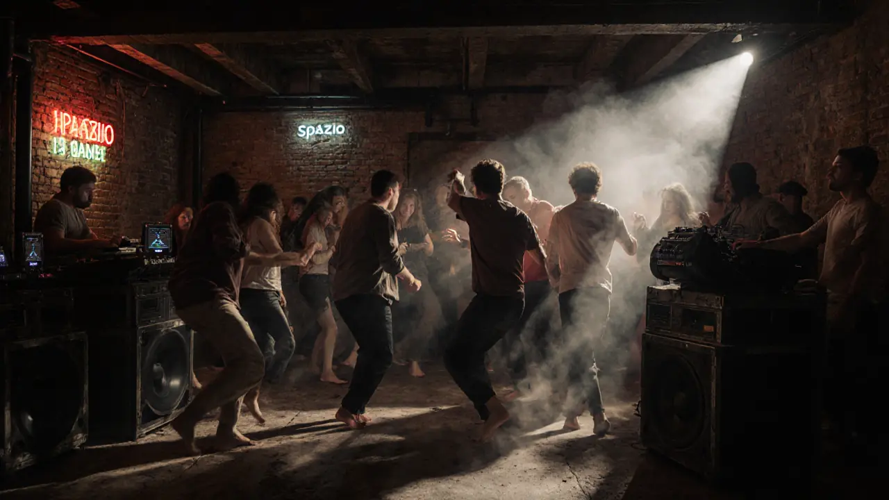 Crowd dancing in an industrial underground club with pulsing lights and electronic music.