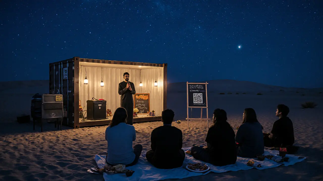 Desert pop-up music venue with lanterns, blankets, and a poet under the stars, no artificial lighting.