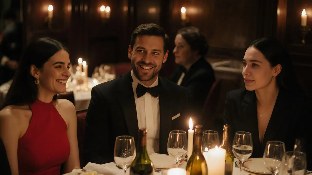 Diverse clients and their companions enjoying an intimate dinner, radiating quiet confidence and connection.