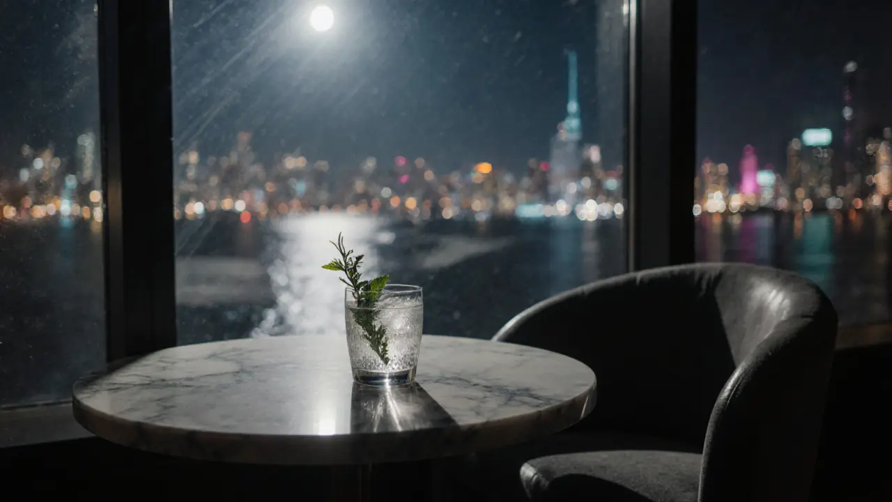 Empty bar corner with gin and tonic under moonlight overlooking Abu Dhabi&#039;s water